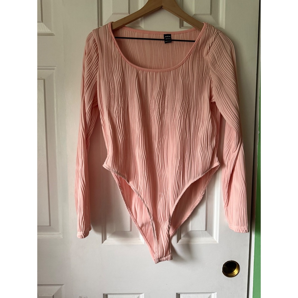 SHEIN Bodysuit Women XL Pink Plissé Long Sleeve Scoop Neck
